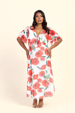 Curve Poppy Print Flutter Sleeve Tie Front V Neck Midi Dress