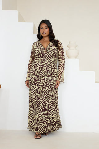 Curve Zebra Print Ring Detail Buttermilk Flare Sleeve Midi Dress