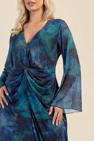 Curve Teal Floral Twist Front Mesh Midi Dress