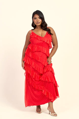 Curve Red Polka Dot Ruffle Strappy Maxi Dress