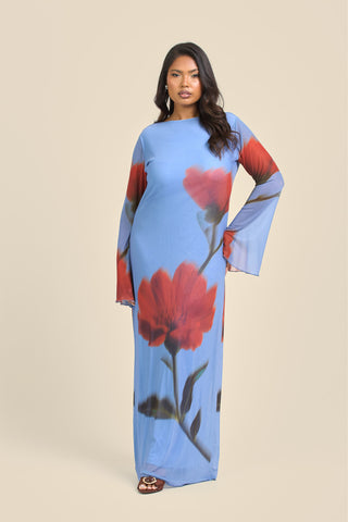 Curve Statement Floral Long Sleeve Mesh Maxi Dress