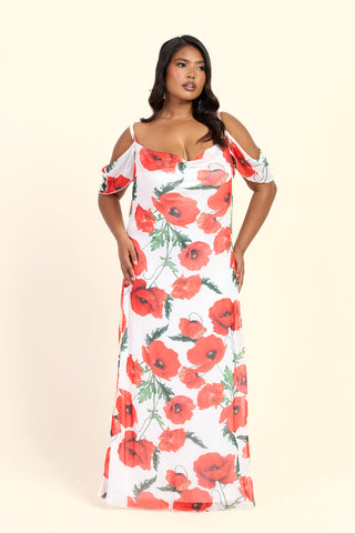 Curve Cold Shoulder Poppy Print Strappy Maxi Dress