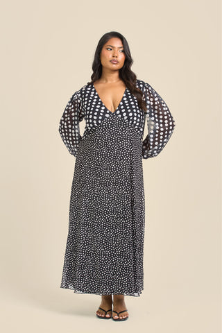 Curve Mixed Polka Dot Balloon Sleeve Midi Dress