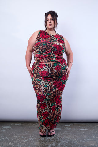 Mesh Maxi Skirt in Leopard Rose Print