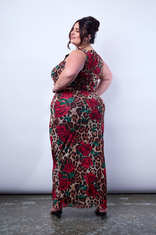 Mesh Maxi Skirt in Leopard Rose Print