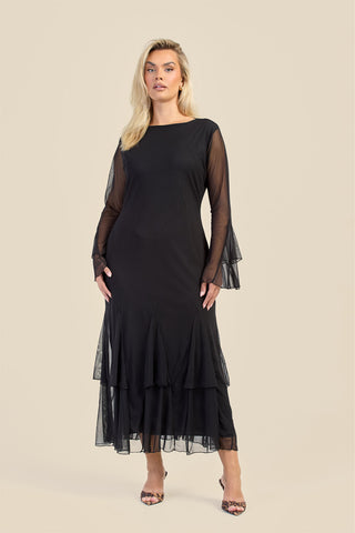 Curve Godet Skirt Flare Sleeve Mesh Maxi Dress