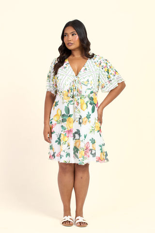Curve Mixed Lemon Print Flutter Sleeve Mini Skater Dress