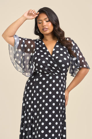 Curve Angel Sleeve Wrap Front Polka Dot Maxi Dress