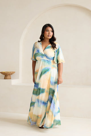 Curve Abstract Print Angel Sleeve Wrap Front Maxi Dress