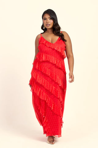 Curve Red Polka Dot Ruffle Strappy Maxi Dress