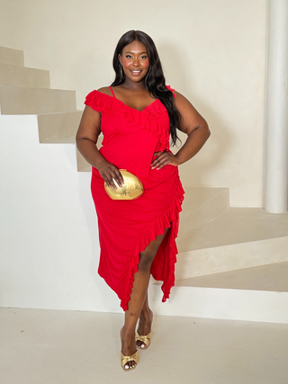 Curve Mesh ruffle red midi dress