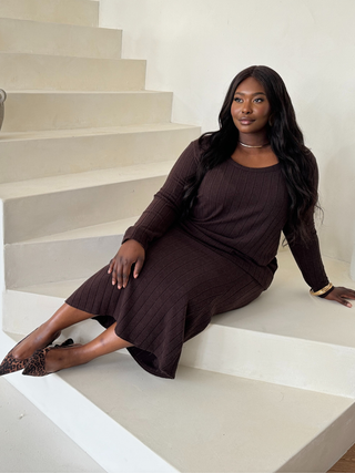 Curve chunky rib Chocolate knitted maxi skirt