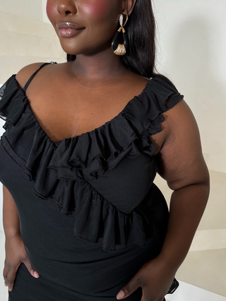 Curve Mesh ruffle black midi dress