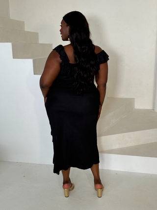 Curve Mesh ruffle black midi dress