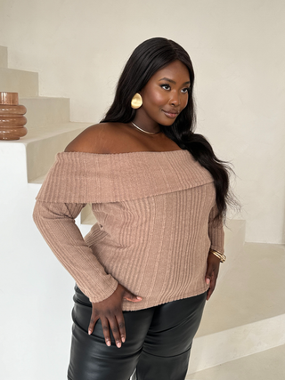 Curve brushed rib knitted bardot long sleeve Camel jumper