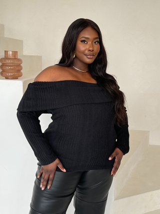 Curve brushed rib knitted bardot long sleeve Black jumper