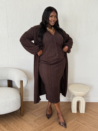 Curve brushed knit balloon sleeve Chocolate midaxi cardigan