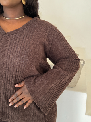Curve brushed knit v neck chocolate flare sleeve jumper