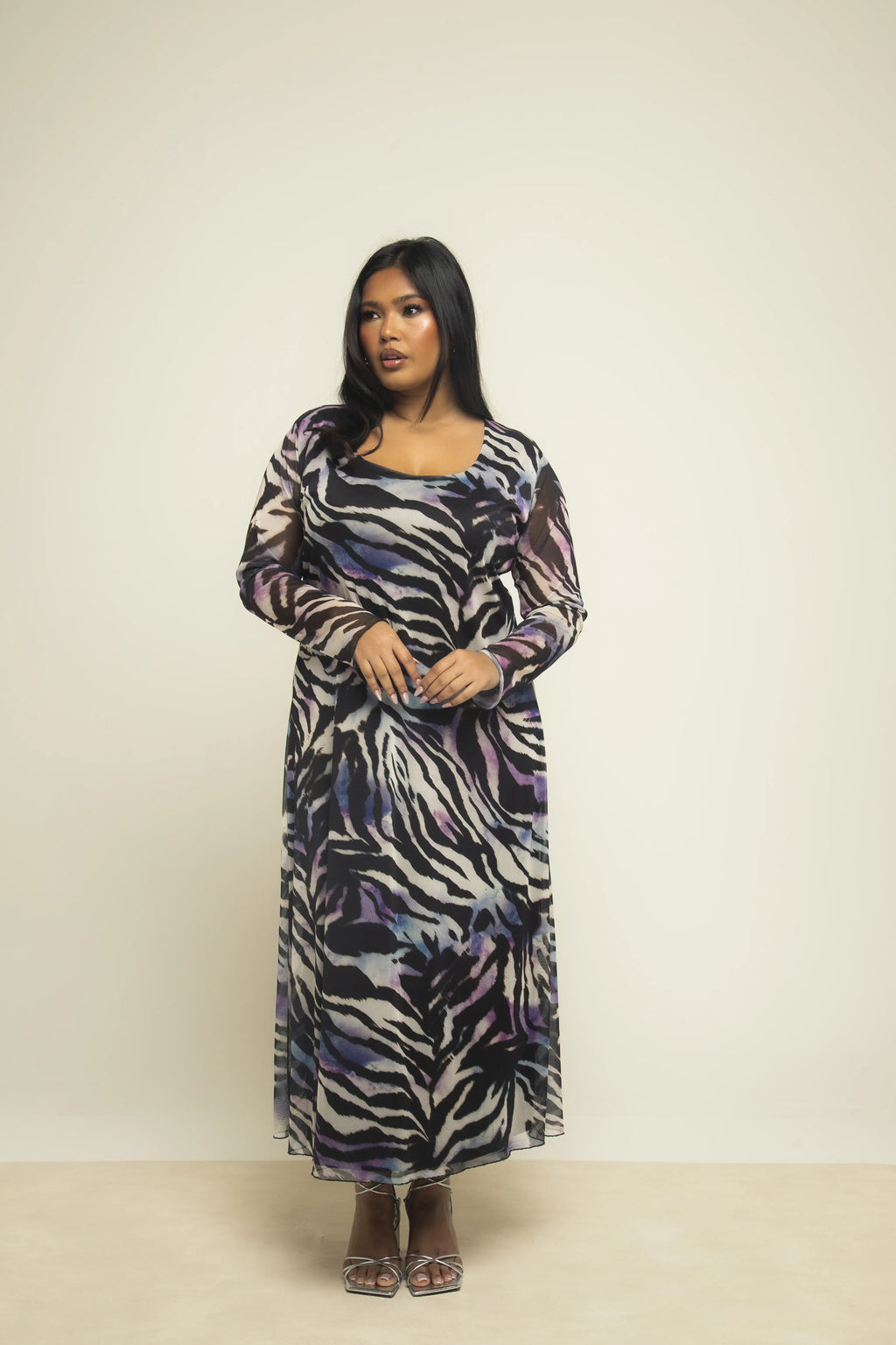 Curve flare sleeve loose fit A line dress in khaki zebra print main image 1