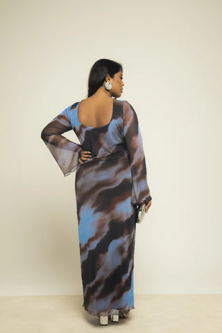 Curve Blue Abstract Print Flare Sleeve Mesh Maxi Dress