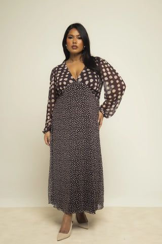 Curve Chocolate Polka Dot Balloon Sleeve Mesh Midi Dress