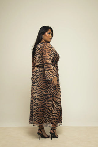 Curve Brown Tiger Print Twist Front Flare Sleeve Midaxi Dress