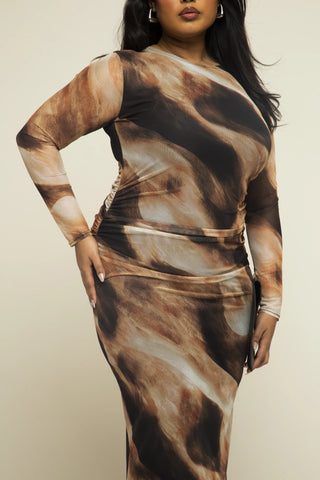 Curve long sleeve mesh abstract print midaxi print