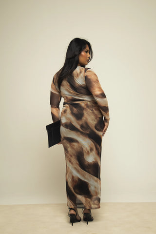Curve long sleeve mesh abstract print midaxi print