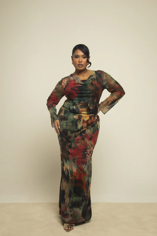 Curve abstract floral cowl neck long sleeve mesh maxi dress