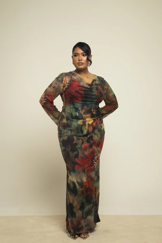 Curve abstract floral cowl neck long sleeve mesh maxi dress
