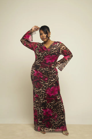 Curve cowl neck mesh dress in leopard and floral printed
