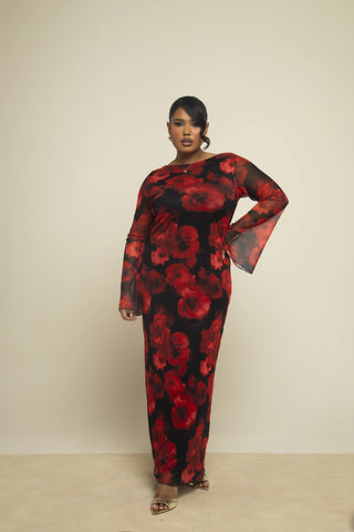 Curve Large floral flare sleeve mesh maxi dress