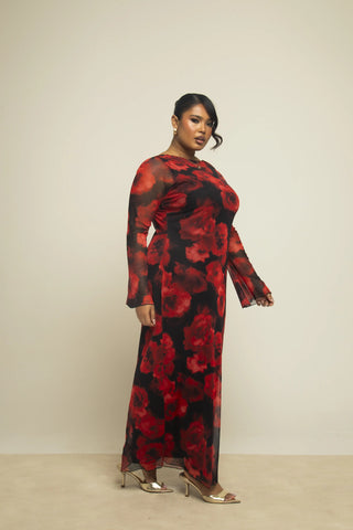 Curve Large floral flare sleeve mesh maxi dress
