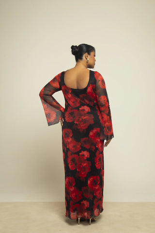 Curve Large floral flare sleeve mesh maxi dress