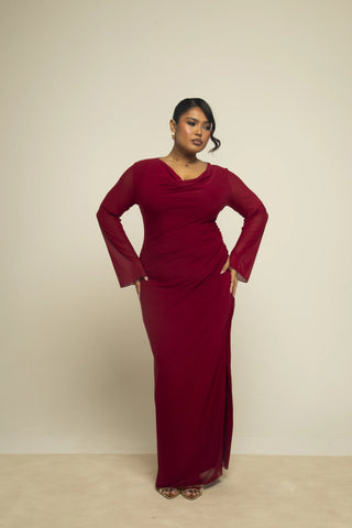 Curve Cowl neck burgundy mesh dress