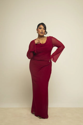 Curve Cowl neck burgundy mesh dress