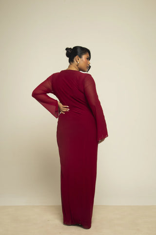 Curve Cowl neck burgundy mesh dress
