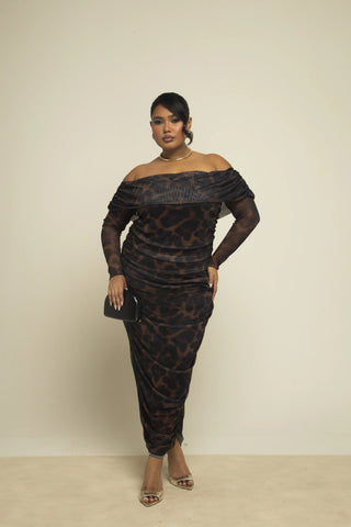 Curve Bardot Leopard Print Ruched Midaxi Dress