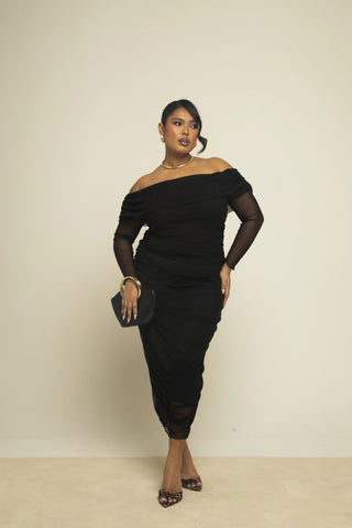 Curve Bardot Long Sleeve Ruched Midaxi Dress