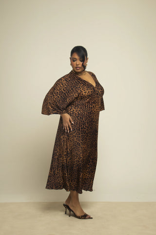 Curve Brown Leopard Plisse Batwing Style Midaxi Dress