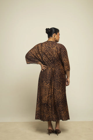 Curve Brown Leopard Plisse Batwing Style Midaxi Dress