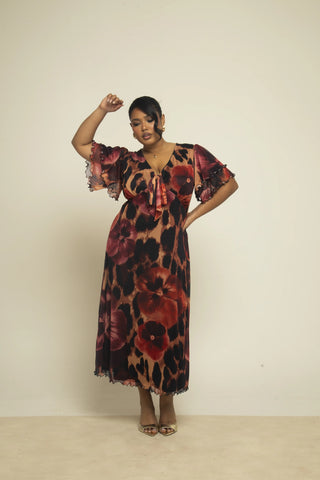 Curve flutter sleeve animal and floral statement midi dress