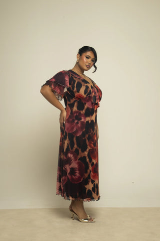 Curve flutter sleeve animal and floral statement midi dress
