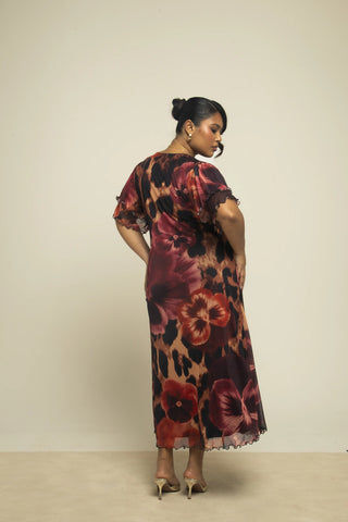 Curve flutter sleeve animal and floral statement midi dress