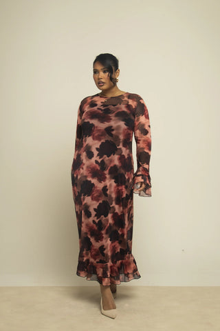 Curve ruffle detail mocha blurred floral swing style midaxi dress