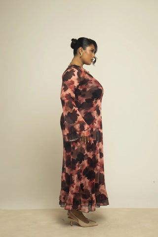 Curve ruffle detail mocha blurred floral swing style midaxi dress