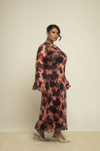 Curve ruffle detail mocha blurred floral swing style midaxi dress