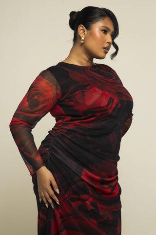 Curve rose print ruched midaxi dress