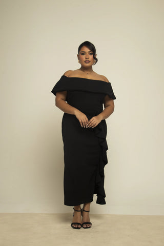 Curve Bardot Fold Over Scuba Crepe Ruffle Midaxi Dress
