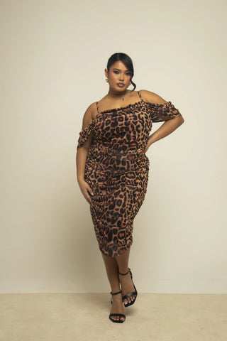 Curve Leopard Print Cold Shoulder Ruched Midi Dress
